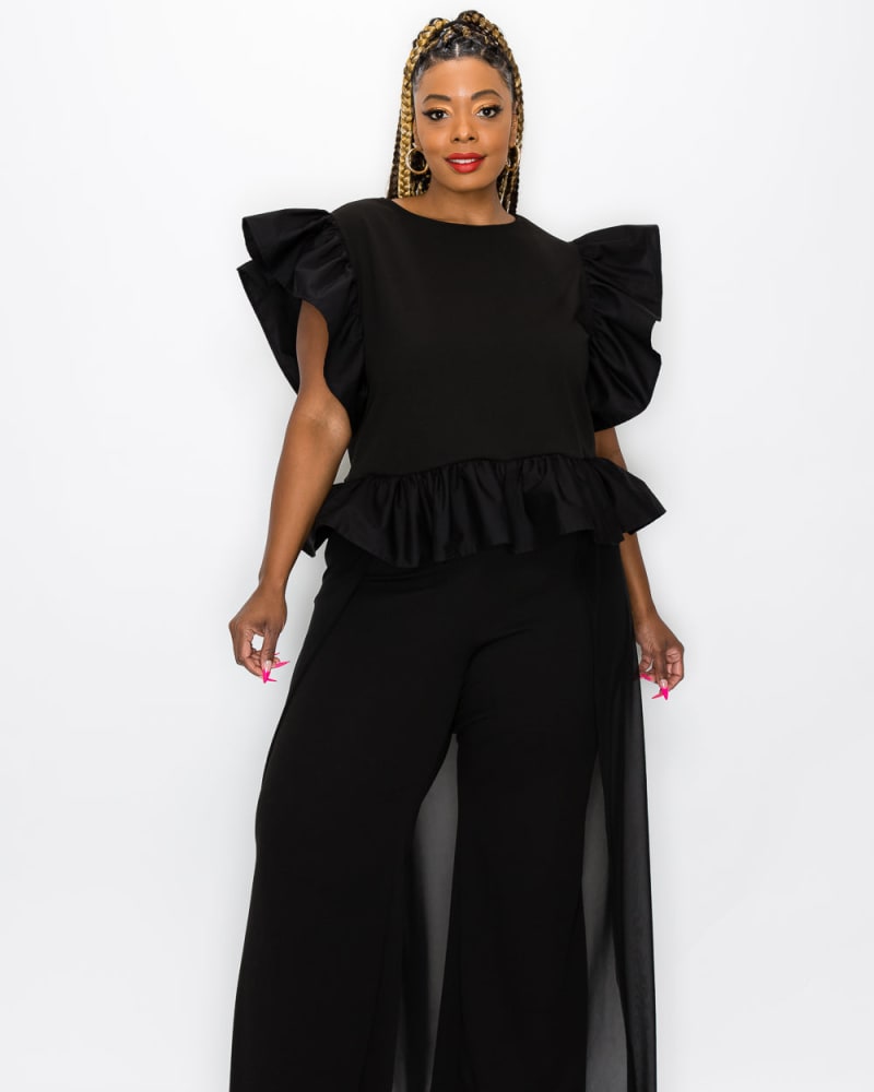 Front of a model wearing a plus size Charlie Peplum Top in Black by L I V D. | dia_product_style_image_id:241140